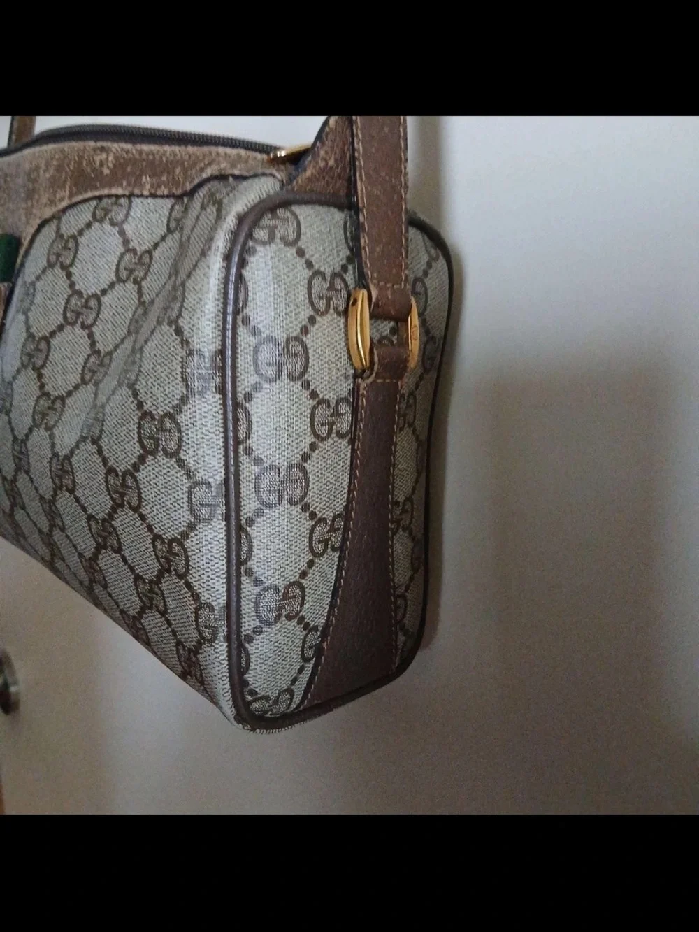 Gucci Brown Monogram Shoulder Bag with Green-Red Web Accent
